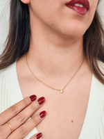 Close-up of a person wearing a gold necklace with a small pendant, hand resting on chest.