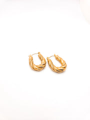 Pair of gold hoop earrings on a white background