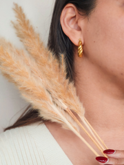 Close-up of a person wearing gold hoop earrings with pampas grass in the background.